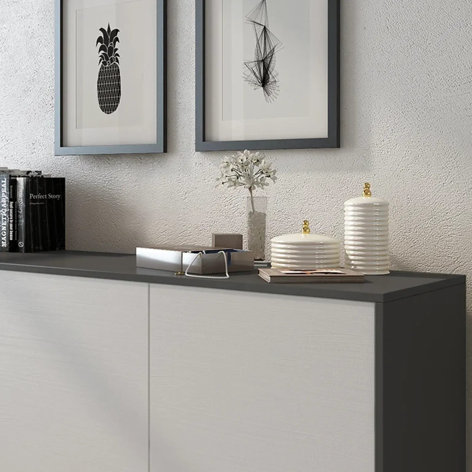 Credenza 154x72h cm 3 ante moderna grafite bianco frassinato Divine