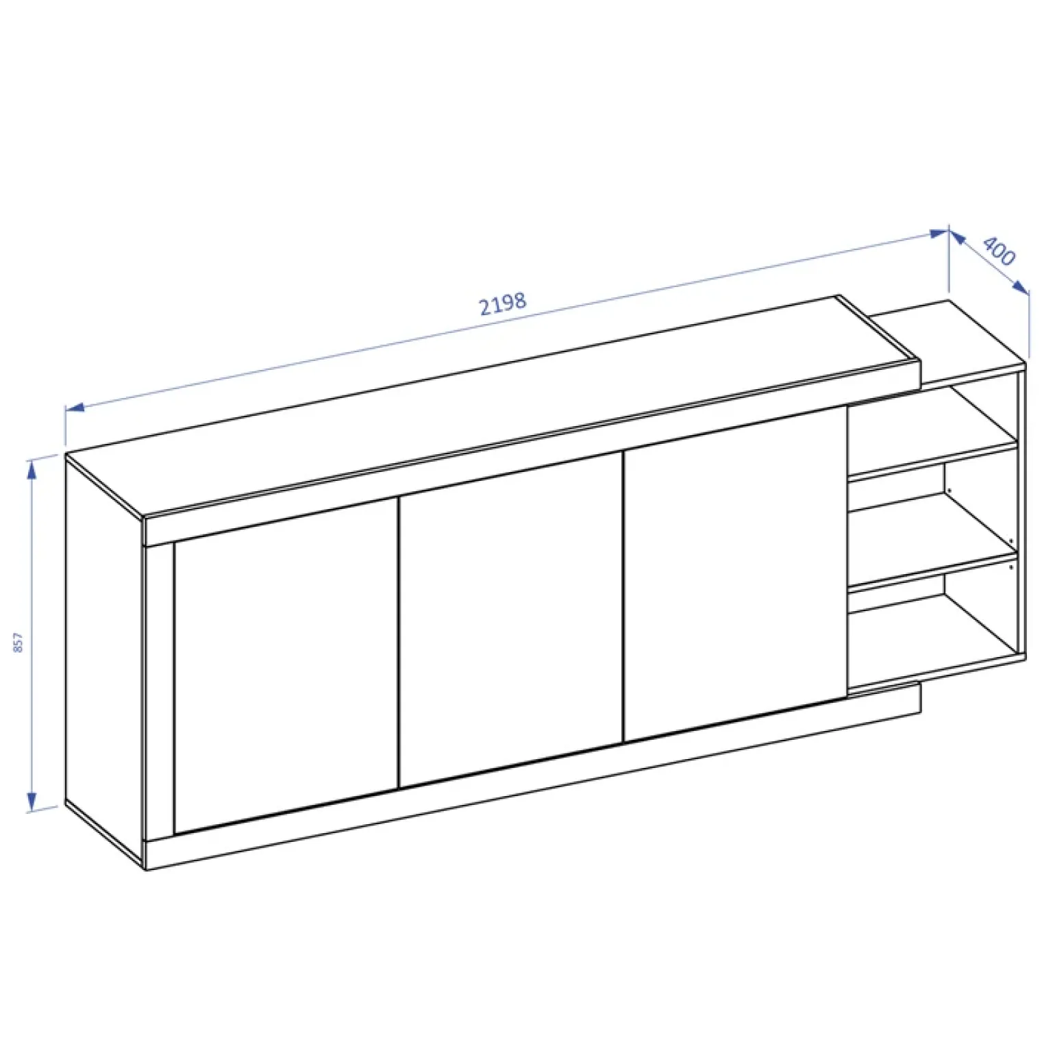 Credenza 220x86h cm 3 ante moderna bianco lucido rovereAria