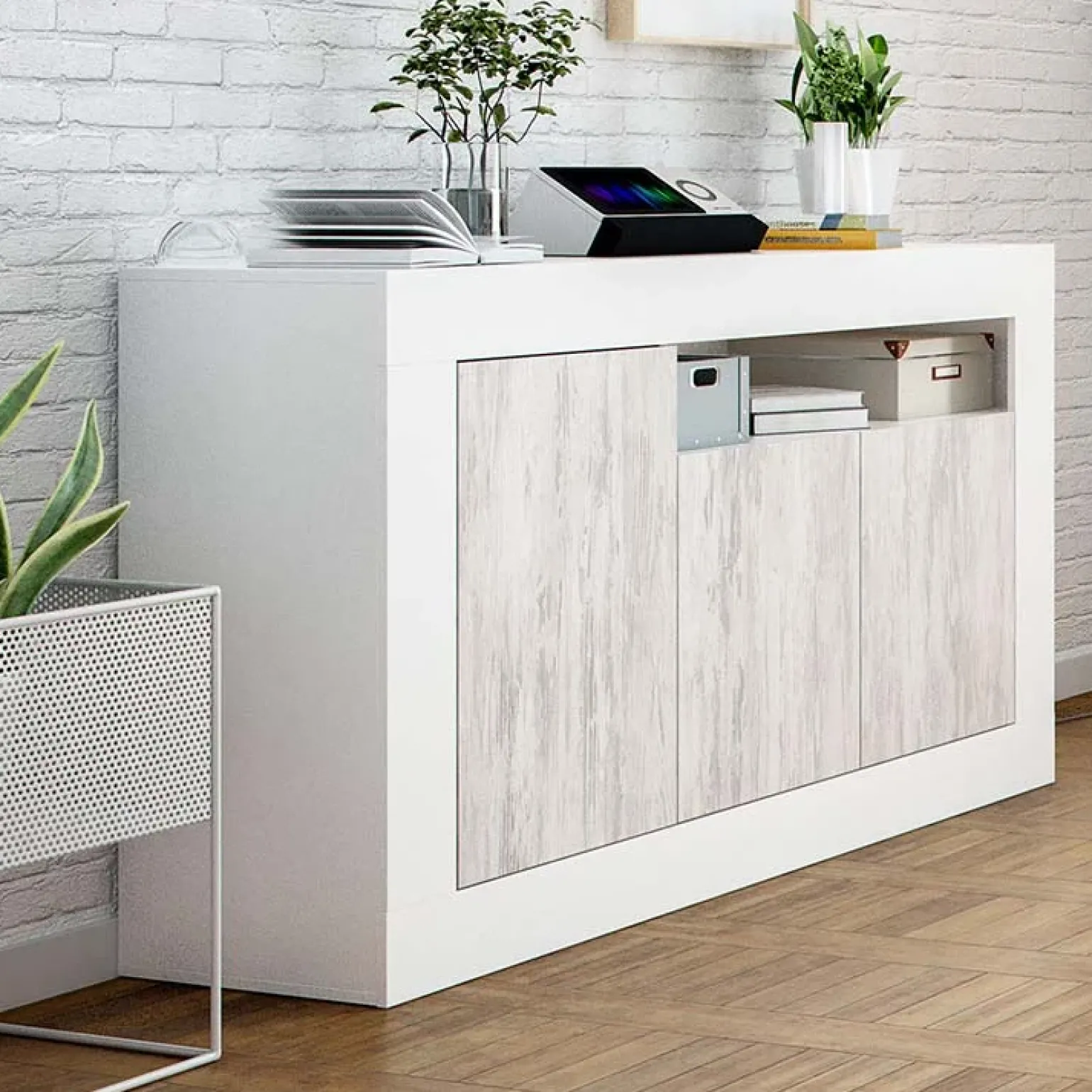 Credenza 144x87h cm 3 ante moderna soggiorno bianco artico Atene