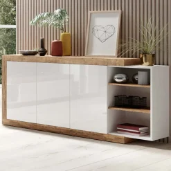Credenza 180x86h cm 3 ante moderna bianco lucido rovere Aria