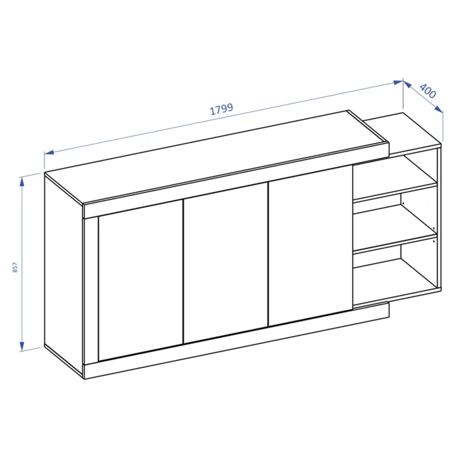 Credenza 180x86h cm 3 ante moderna bianco lucido rovere Aria