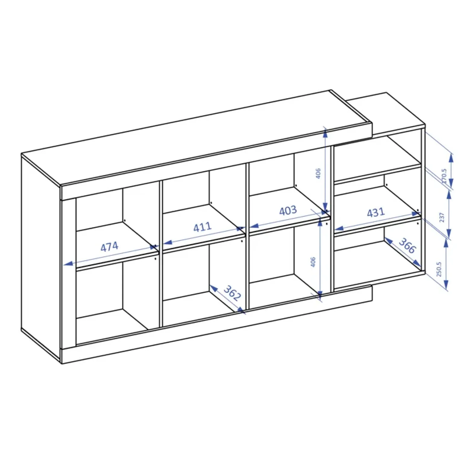 Credenza 180x86h cm 3 ante moderna bianco lucido rovere Aria