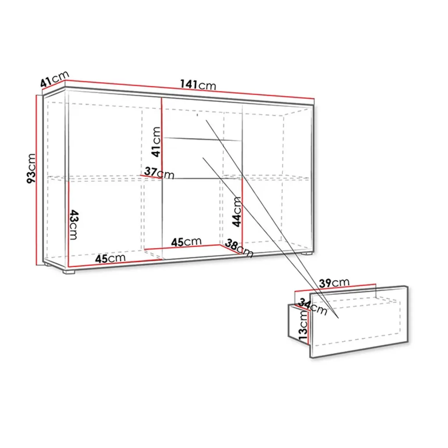 Credenza 141x93h cm 2 cassetti 3 ante moderna bianco Eindhoven