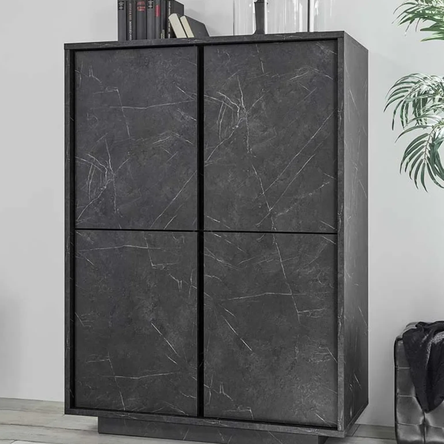 Credenza 92x145h cm alta 4 ante moderna effetto marmo nero Viking
