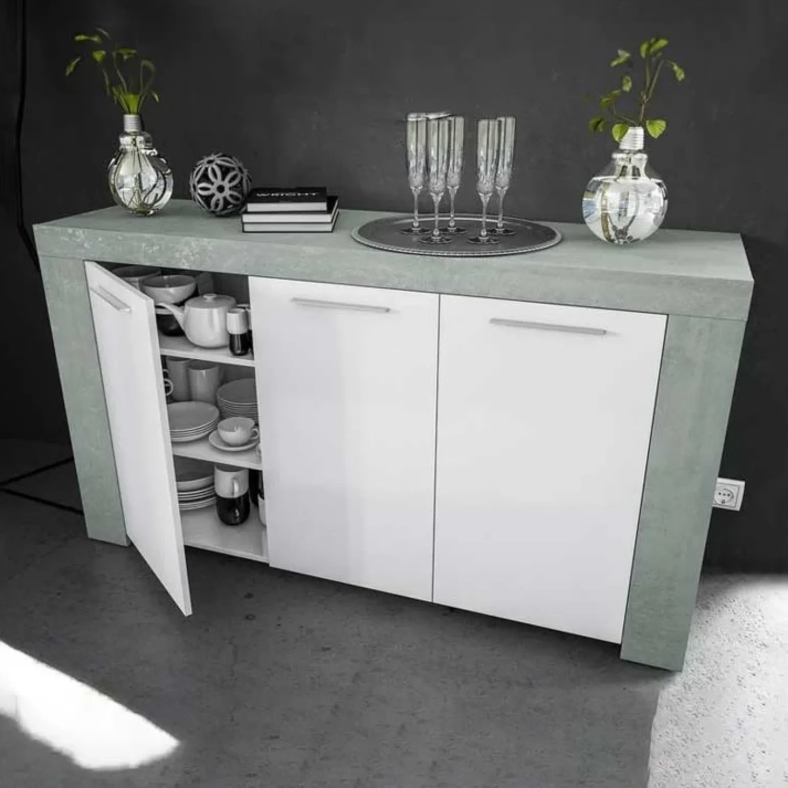 Credenza 144x80h cm moderna soggiorno bianco cemento Zante