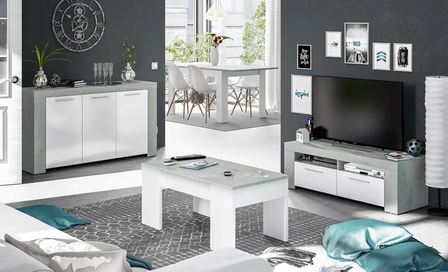 Credenza 144x80h cm moderna soggiorno bianco cemento Zante