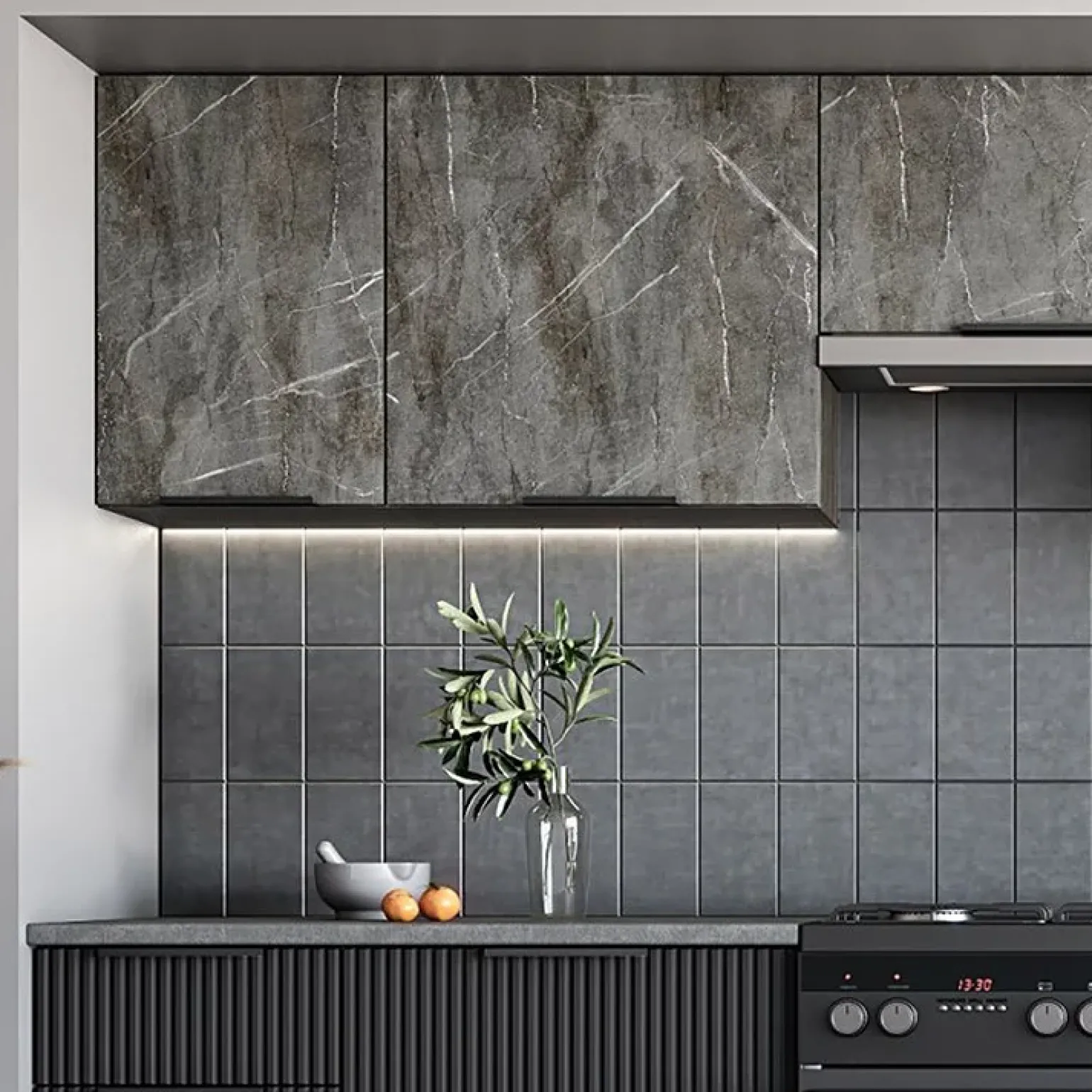 Cucina 240cm completa componibile moderna marmo nero grigio Yangon