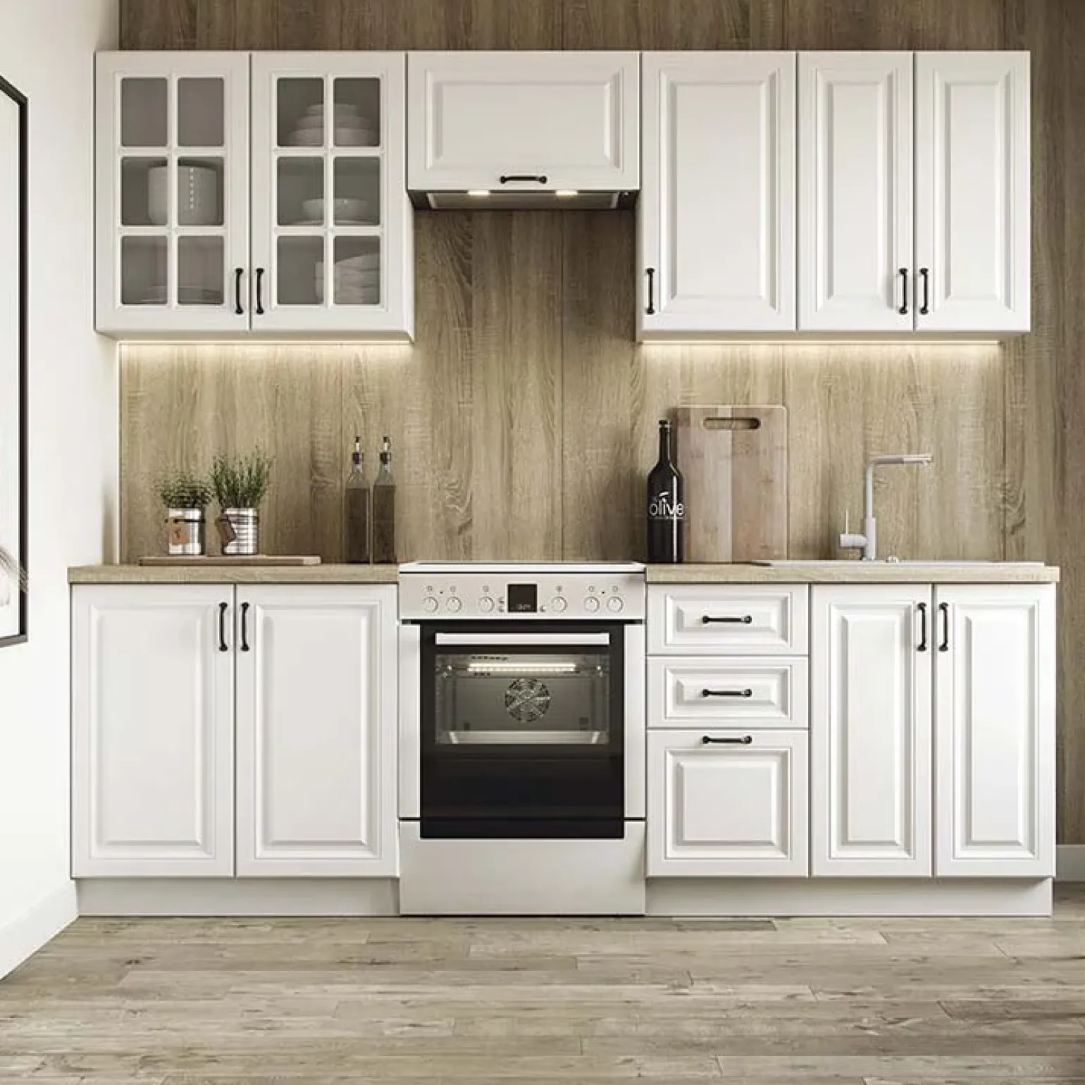 Cucina 240cm completa moderna shabby componibile bianco frassinato rovere Oxford