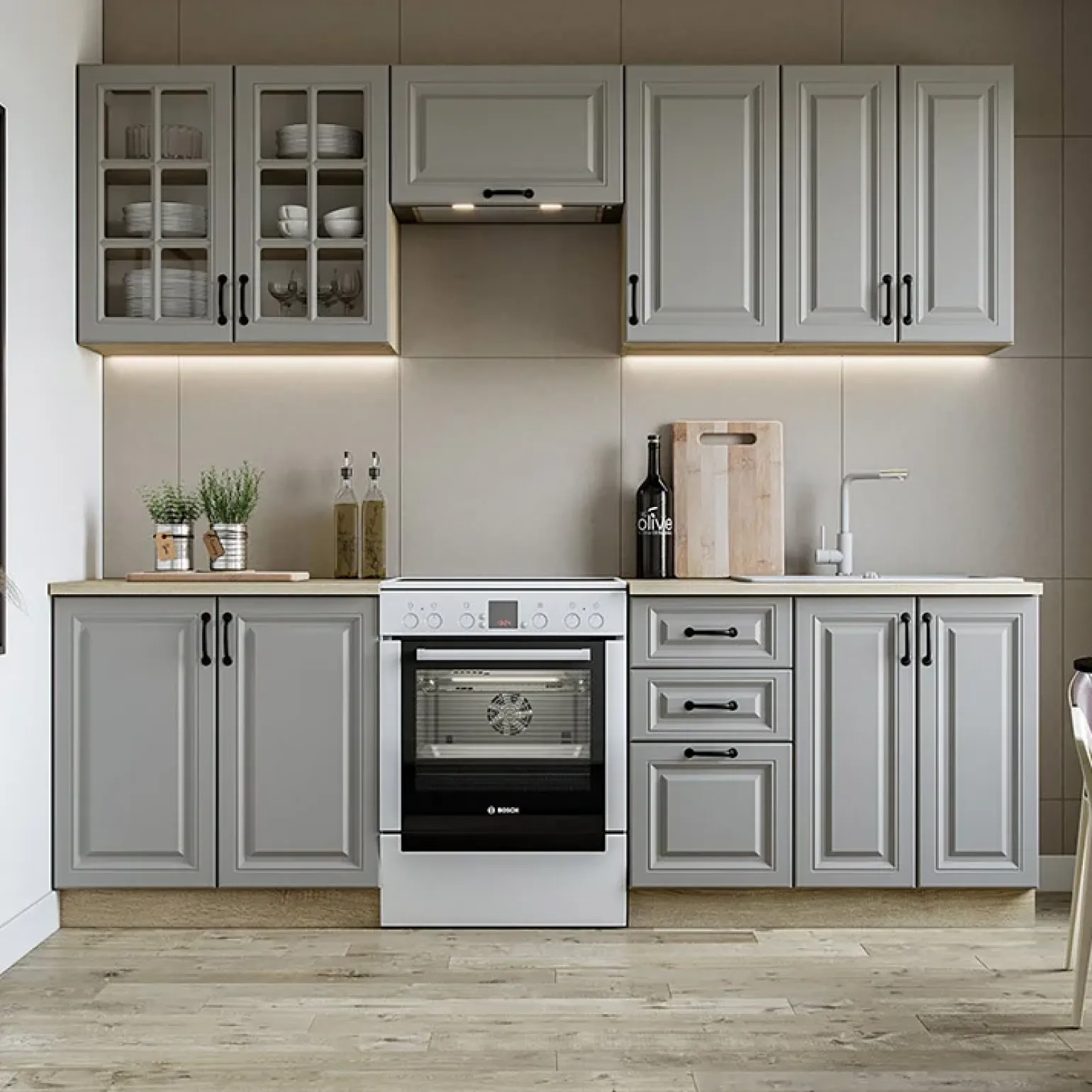 Cucina 240cm completa moderna shabby componibile grigio rovere Oxford