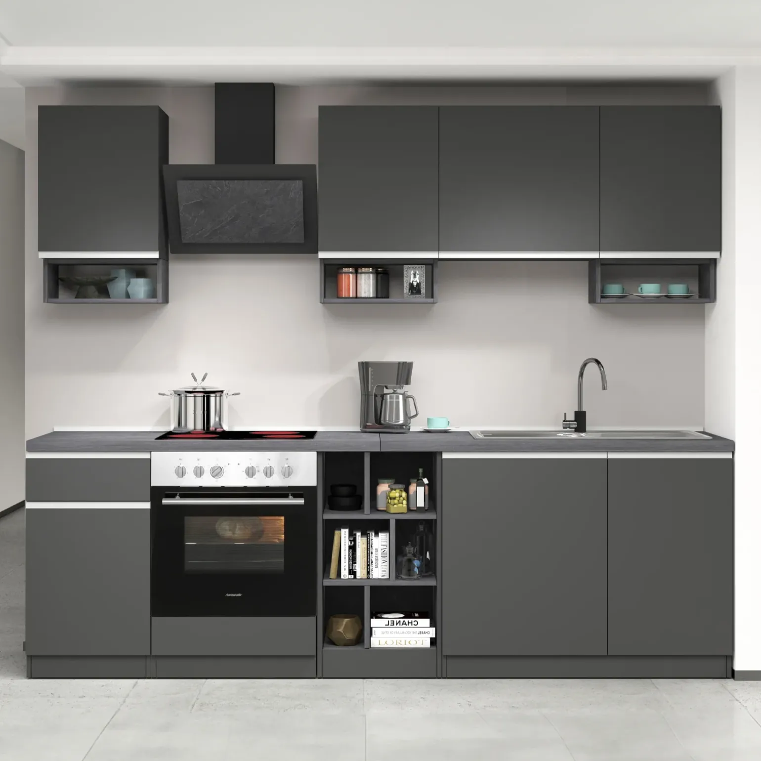 Cucina 255cm componibile lineare moderna antracite grigio pietra Gourmet Elegance