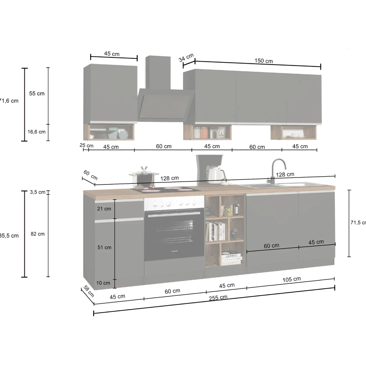 Cucina 255cm componibile lineare moderna antracite grigio pietra Gourmet Elegance