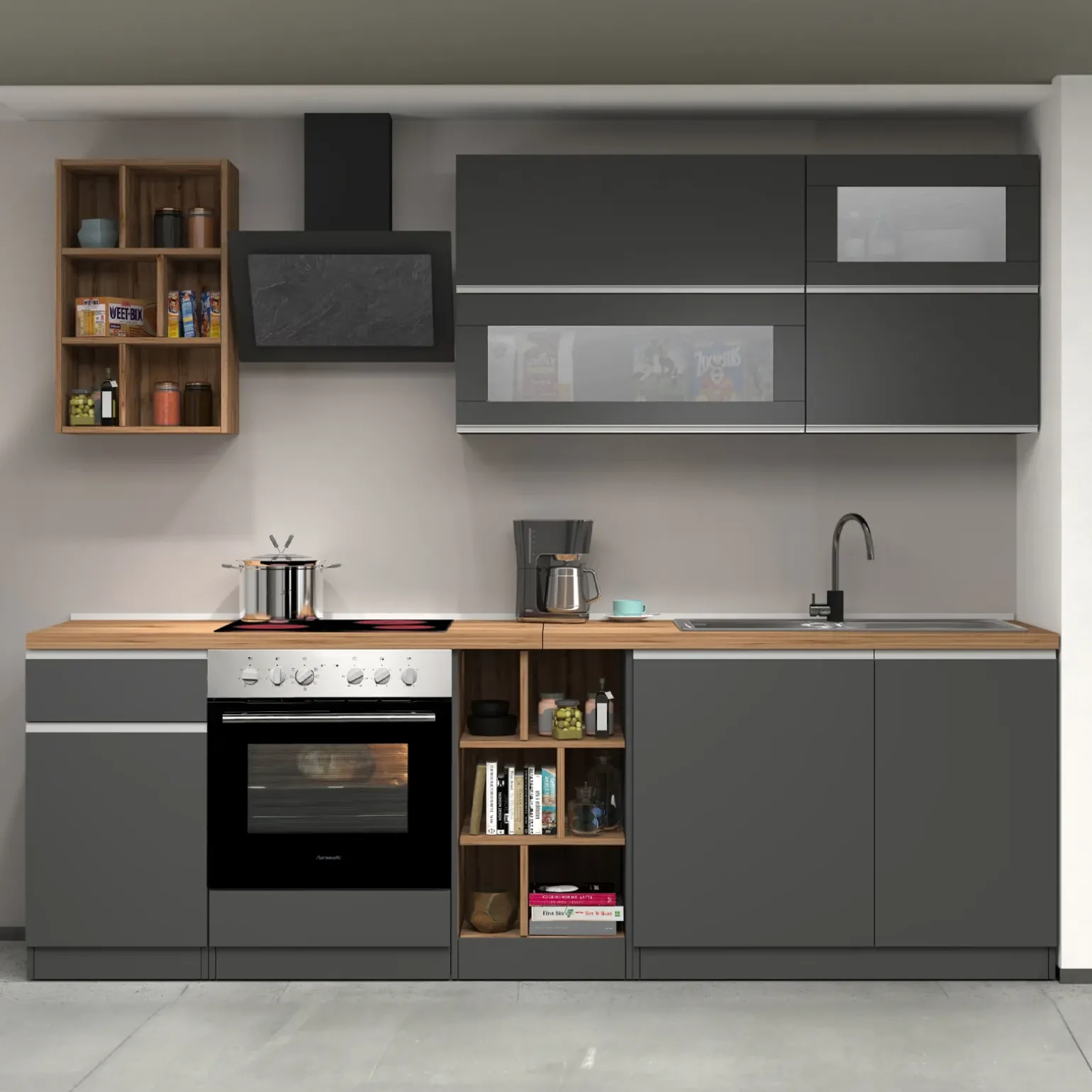 Cucina 255cm componibile lineare moderna antracite rovere Gourmet Prestige