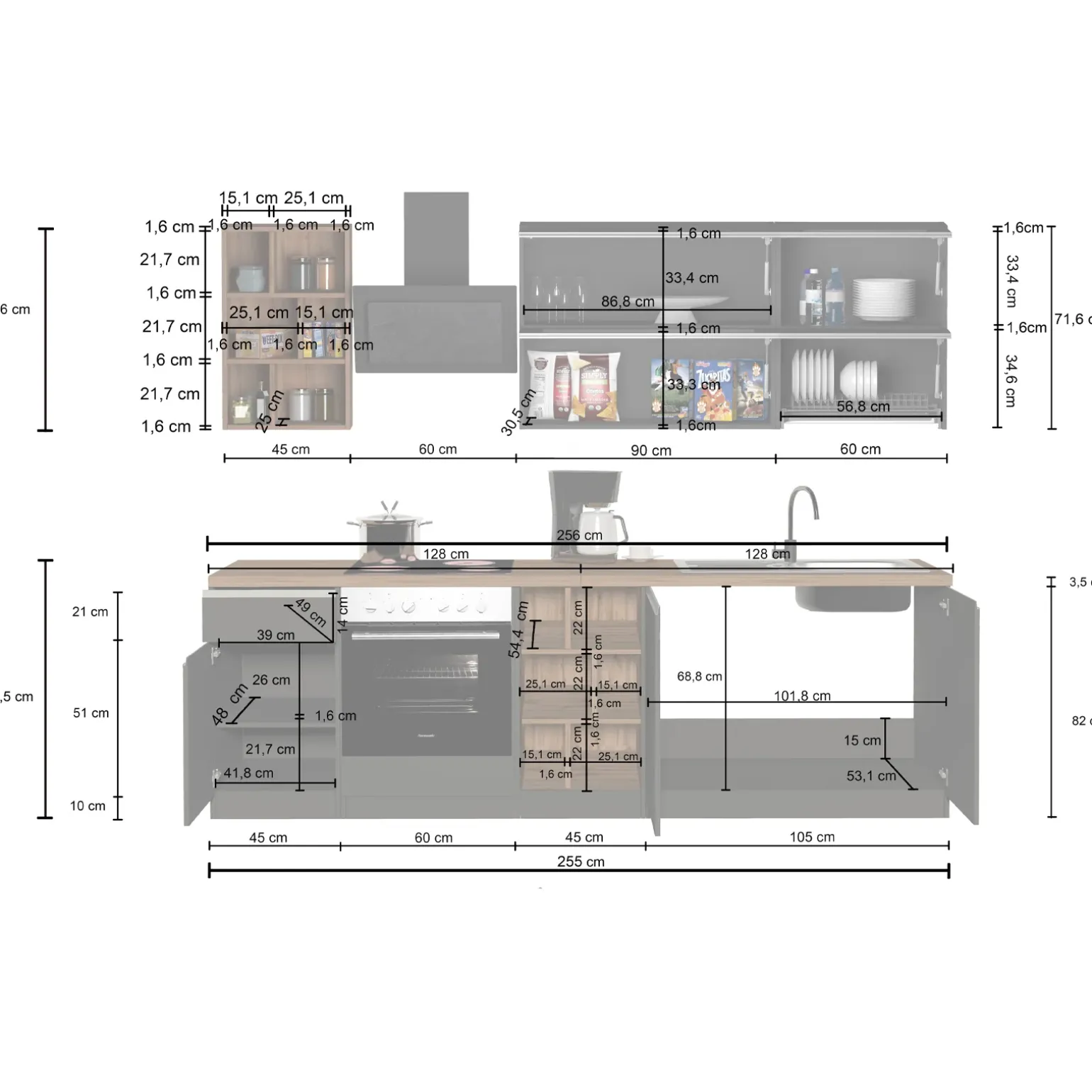 Cucina 255cm componibile lineare moderna antracite rovere Gourmet Prestige