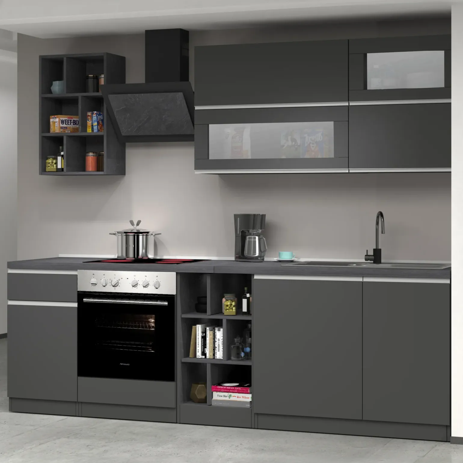 Cucina 255cm componibile lineare moderna antracite grigio pietra Gourmet Prestige