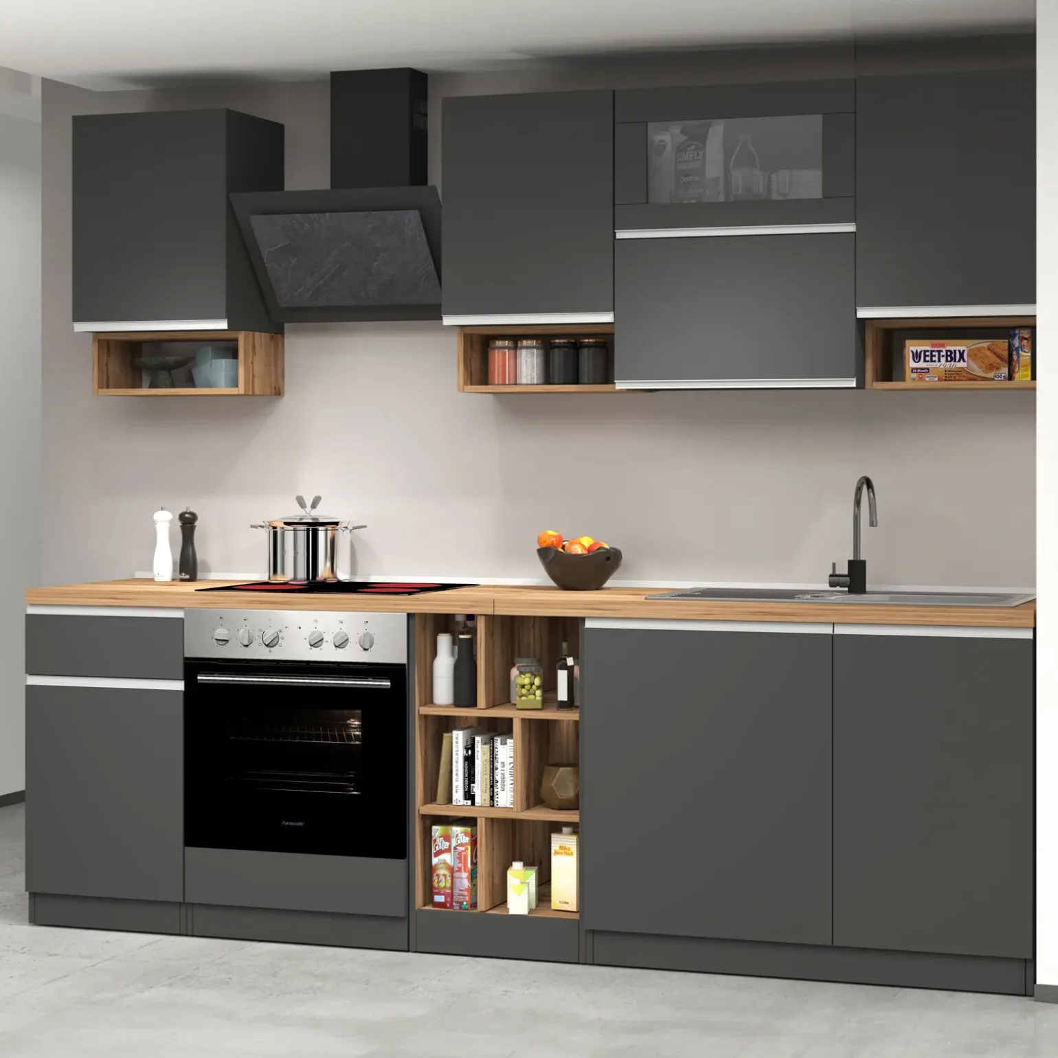 Cucina 255cm componibile lineare moderna antracite rovere Gourmet Pure