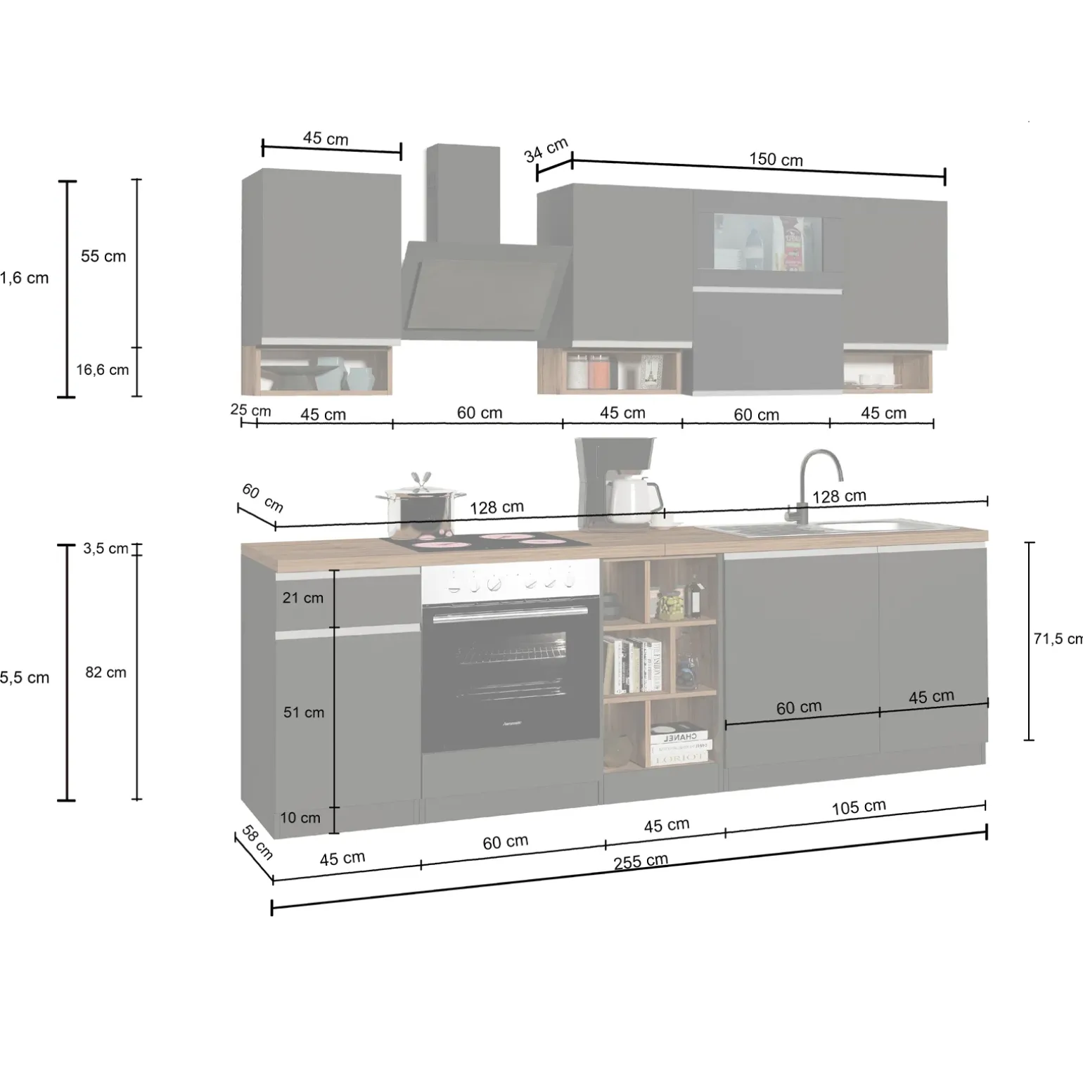 Cucina 255cm componibile lineare moderna antracite rovere Gourmet Pure