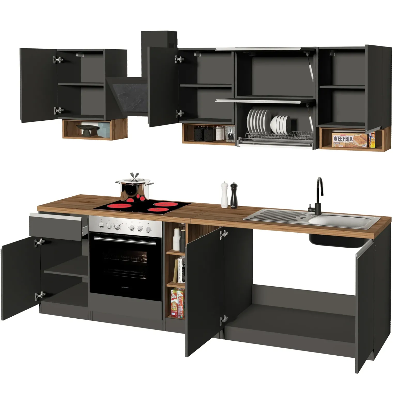 Cucina 255cm componibile lineare moderna antracite rovere Gourmet Pure