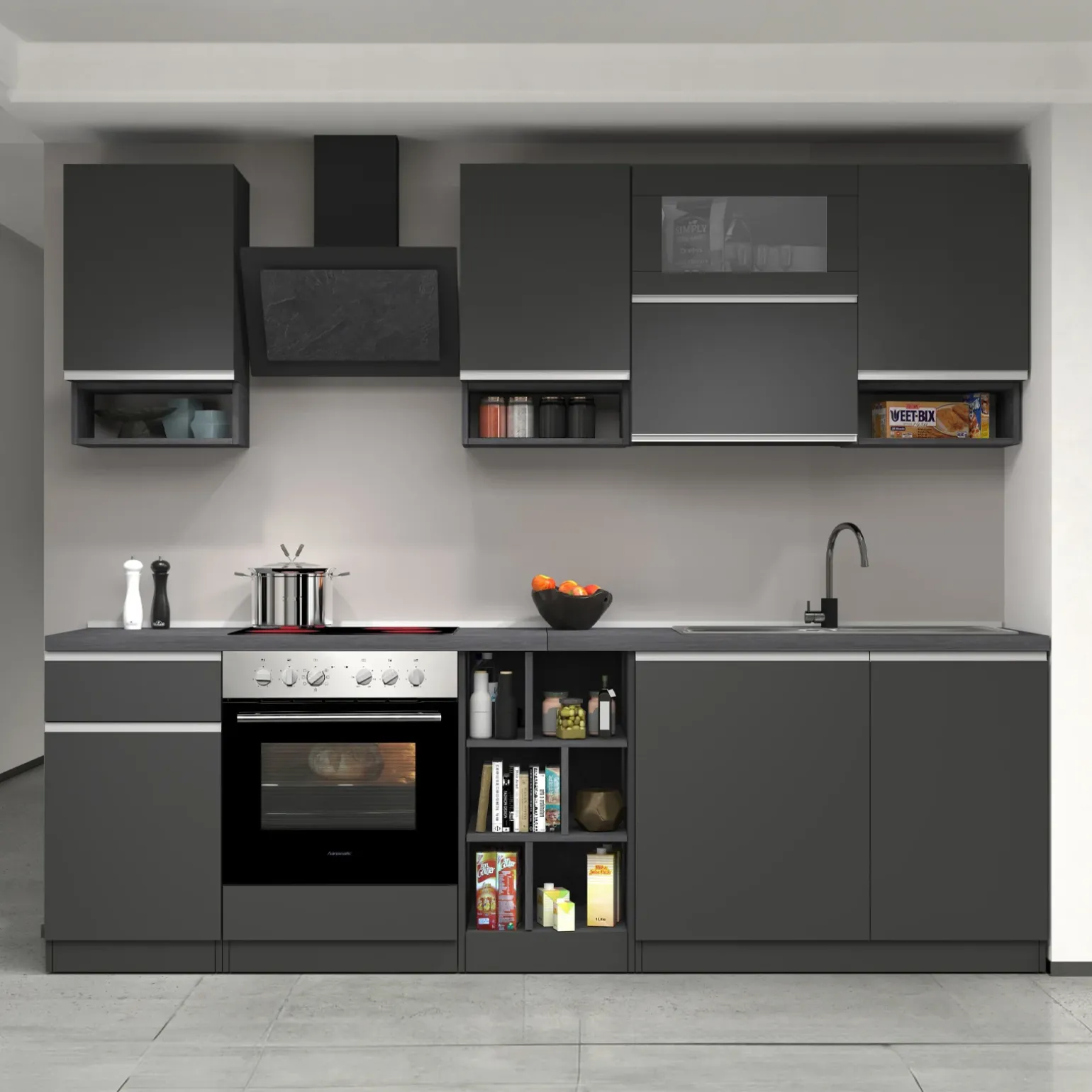 Cucina 255cm componibile lineare moderna antracite grigio pietra Gourmet Pure