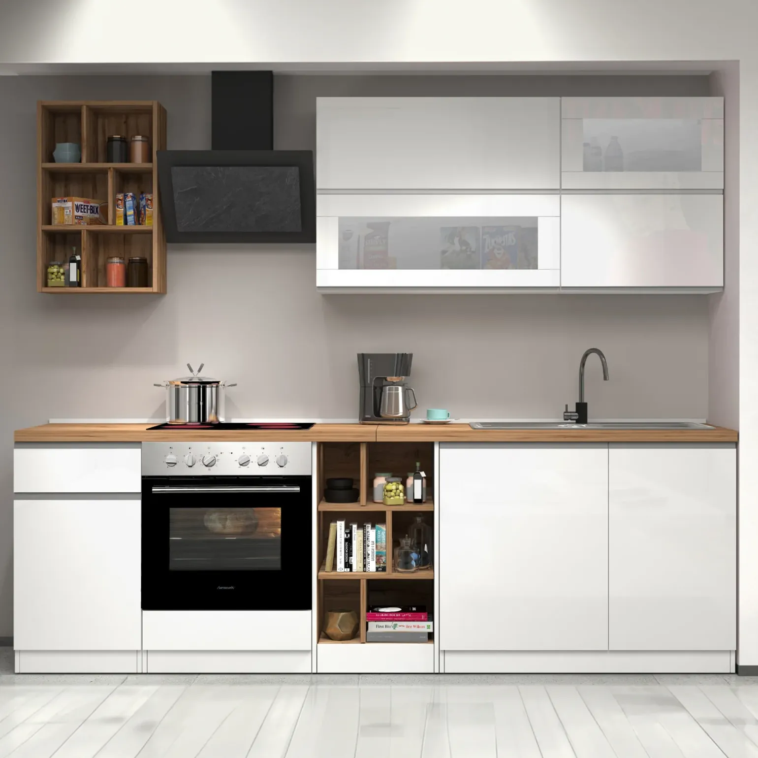 Cucina 255cm componibile lineare moderna bianco rovere Gourmet Prestige