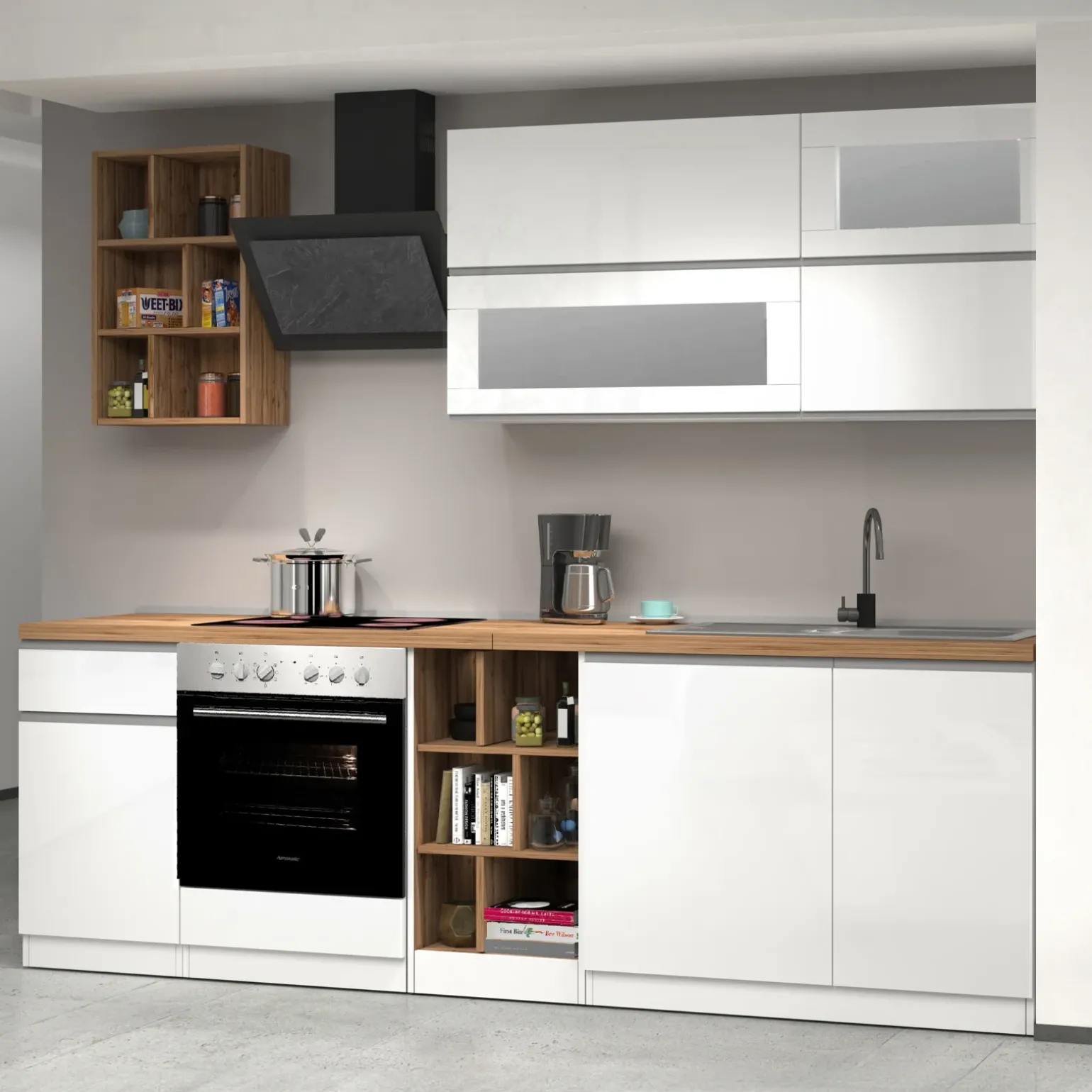 Cucina 255cm componibile lineare moderna bianco rovere Gourmet Prestige