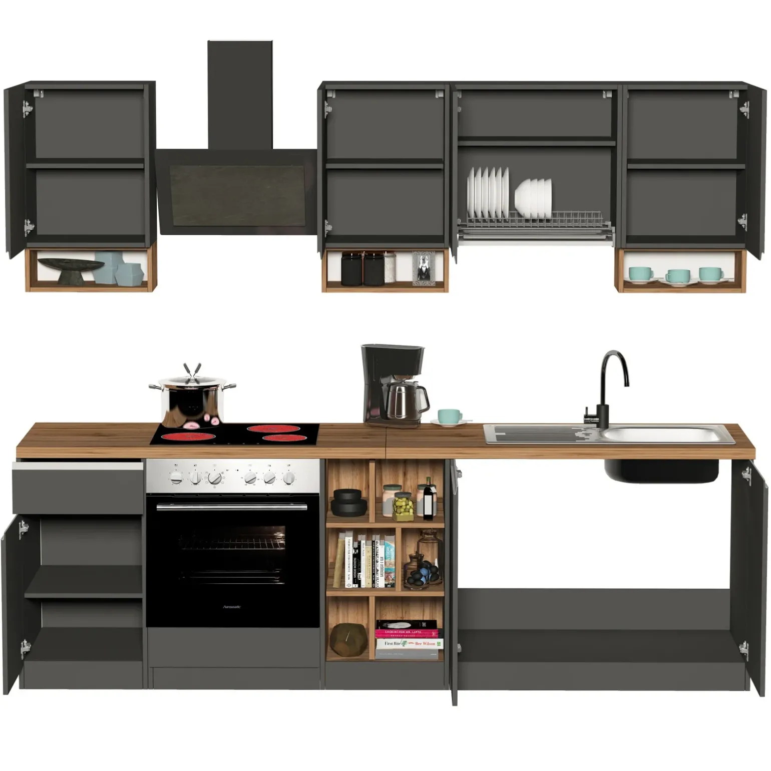 Cucina 255cm componibile lineare moderna antracite rovere Gourmet Elegance