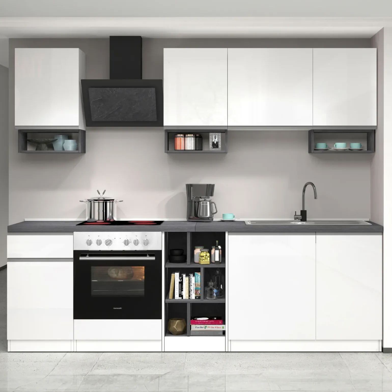 Cucina 255cm componibile lineare moderna bianco grigio pietra Gourmet Elegance