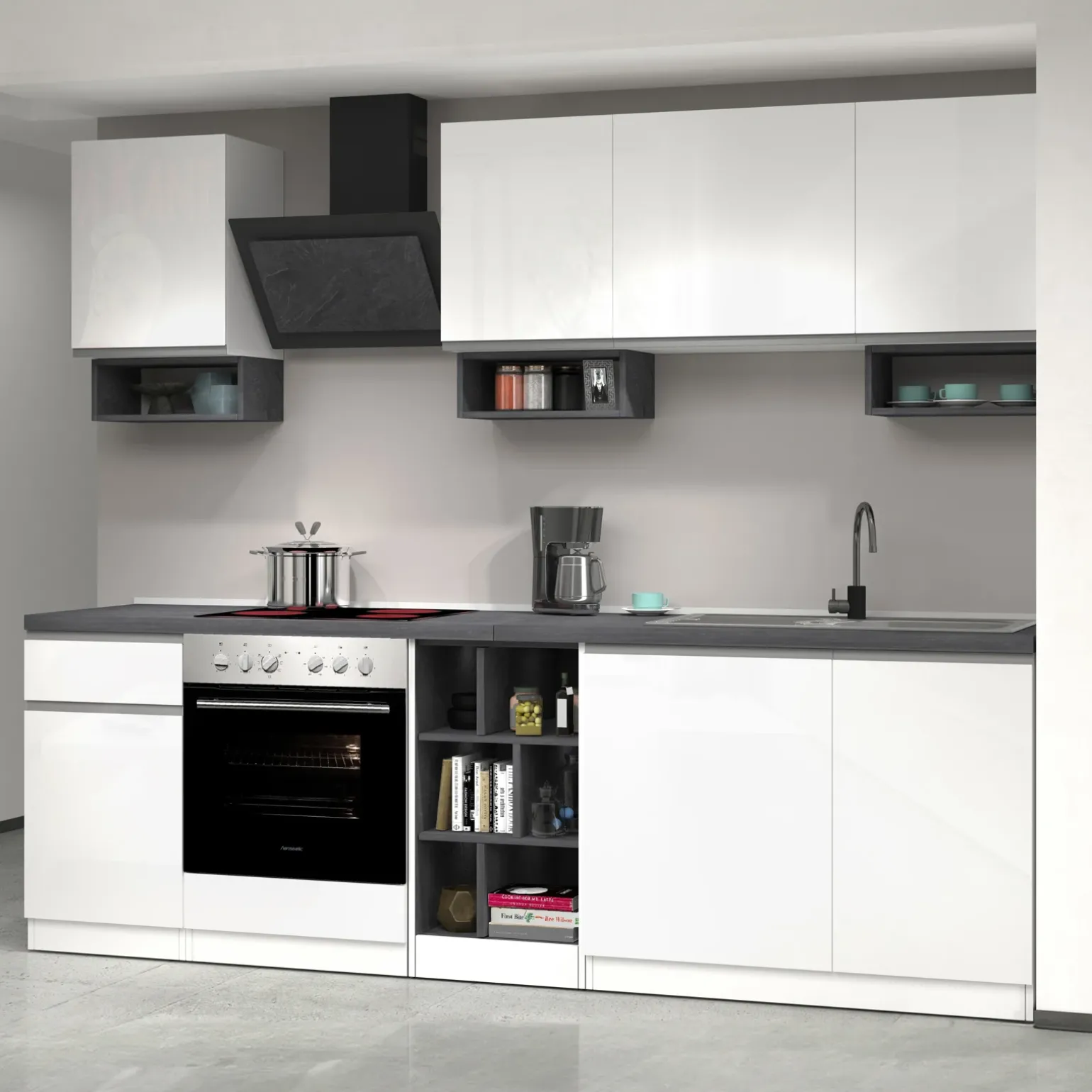 Cucina 255cm componibile lineare moderna bianco grigio pietra Gourmet Elegance