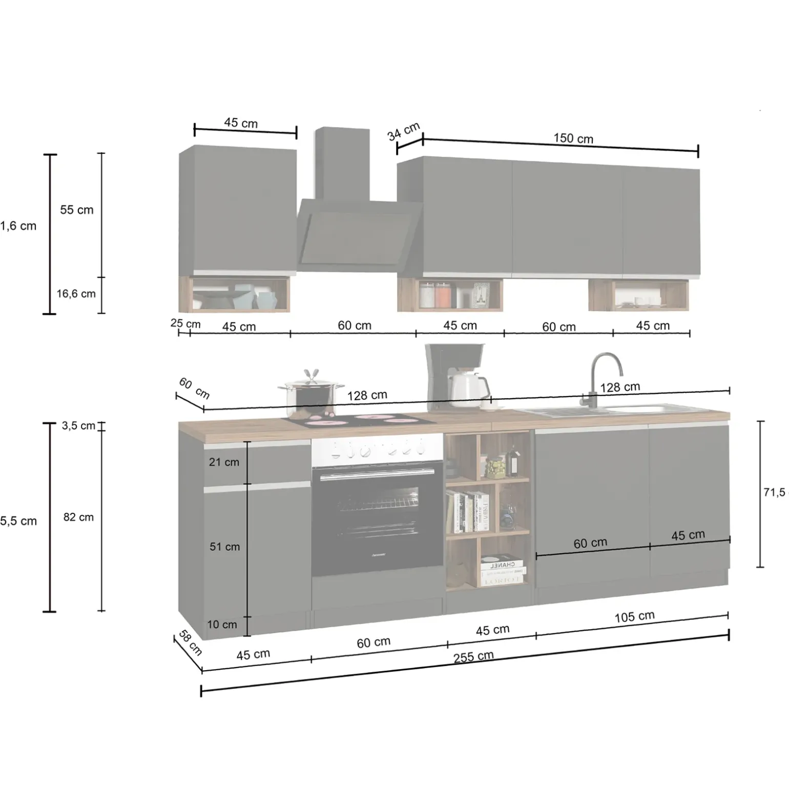 Cucina 255cm componibile lineare moderna bianco grigio pietra Gourmet Elegance