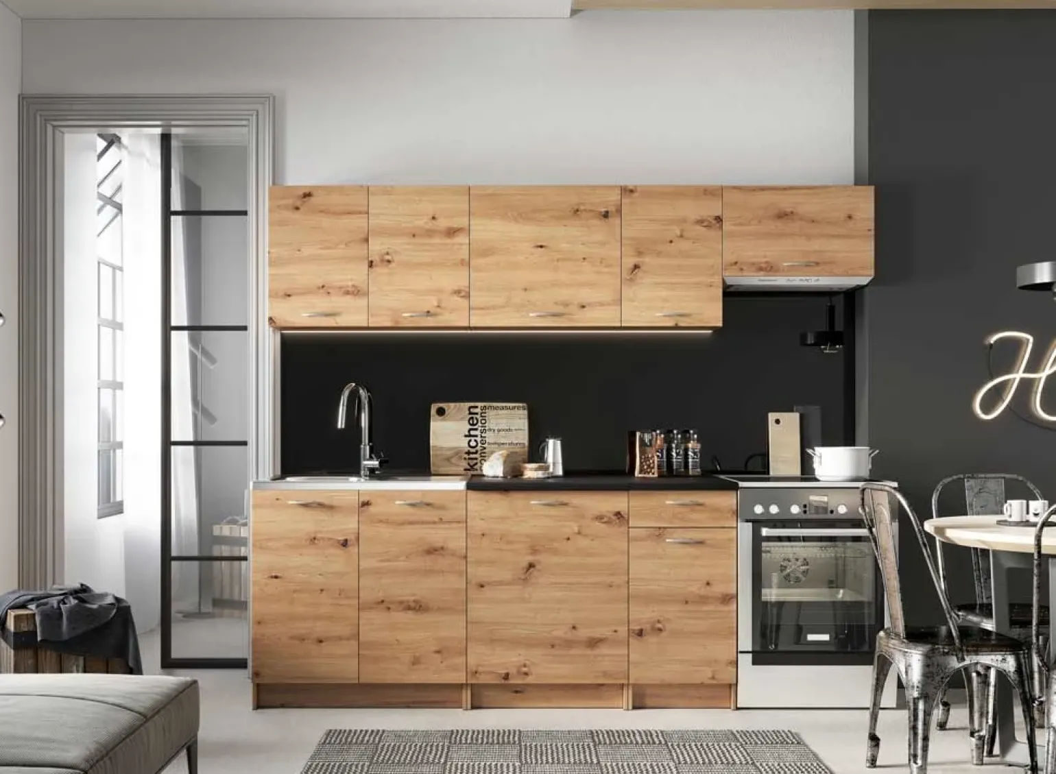 Cucina 240cm moderna lineare componibile quercia Dalia