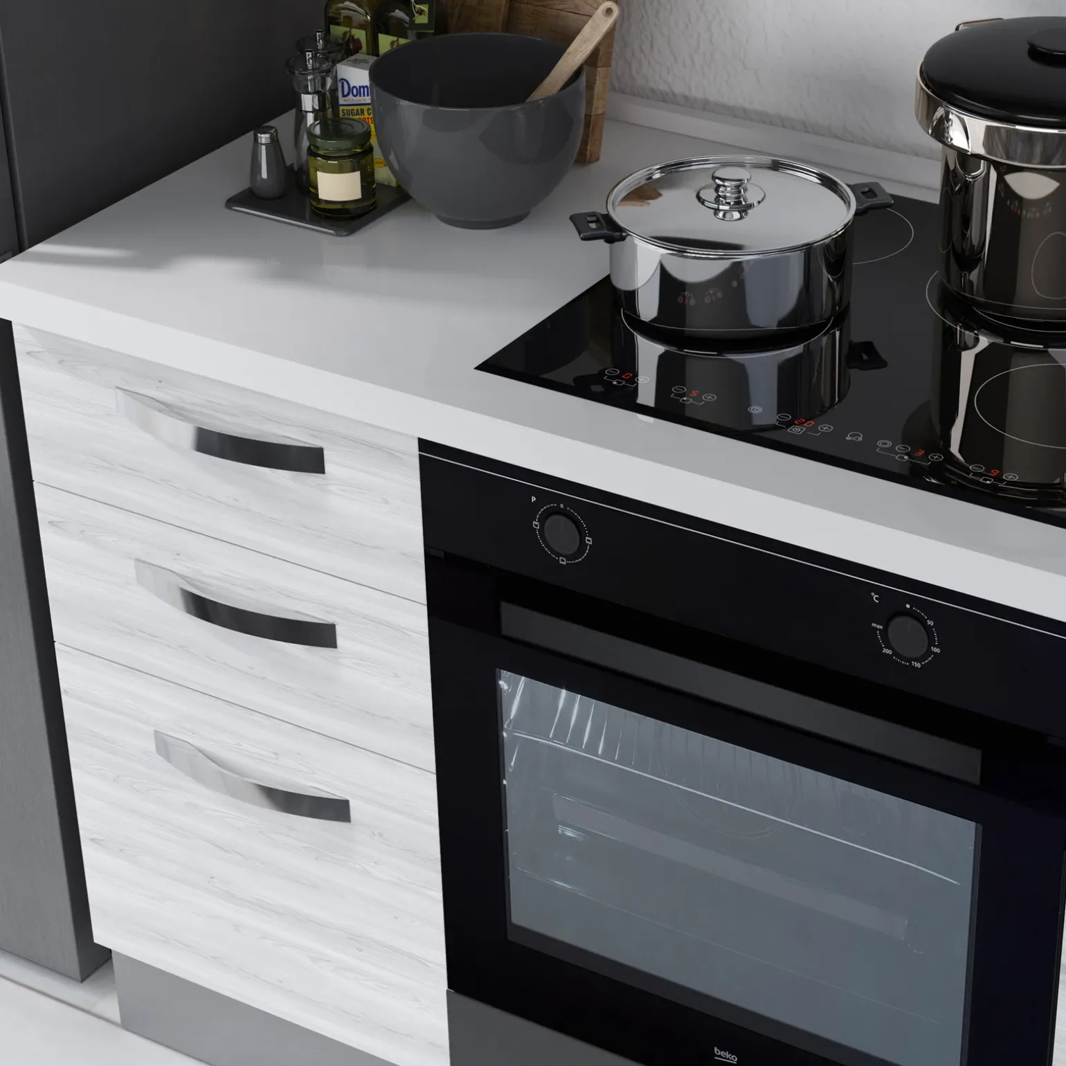 Cucina 255cm reversibile moderna lineare bianco frassinato grigio Cookery