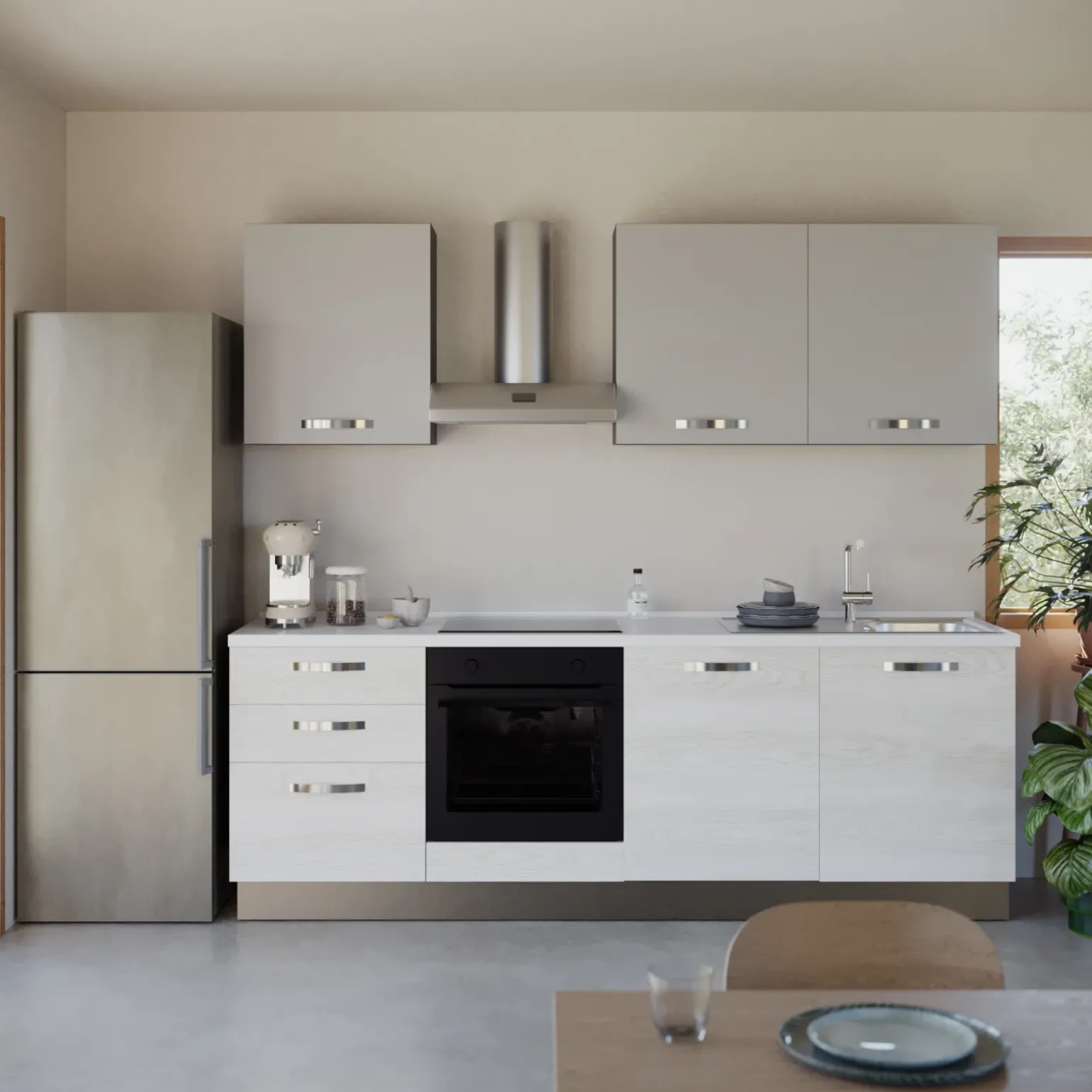 Cucina 240cm reversibile moderna lineare bianco frassinato grigio CookArt