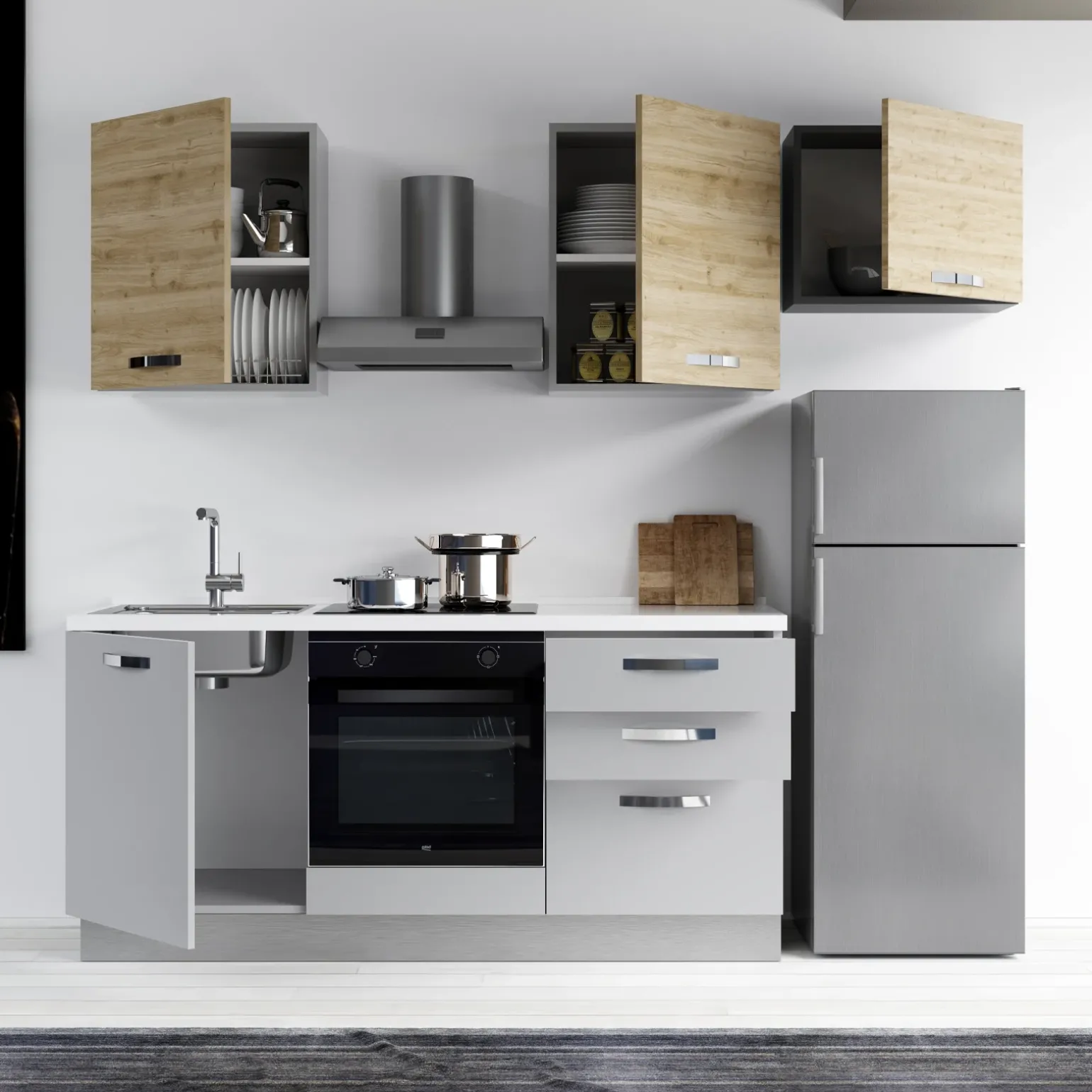 Cucina 240cm reversibile moderna lineare rovere grigio chiaro ChefEasy