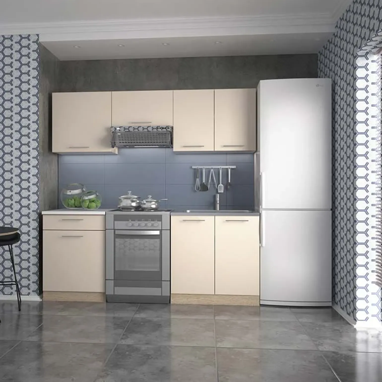 Cucina moderna 200cm lineare componibile beige rovere Matrix