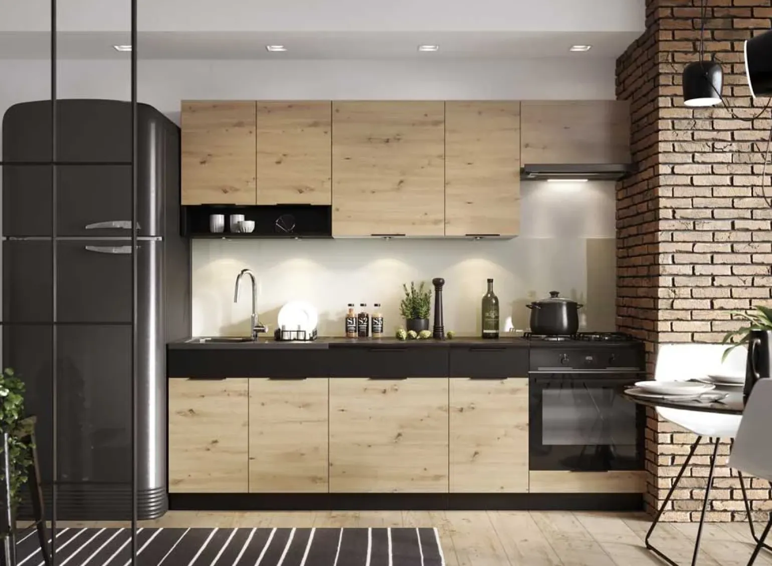 Cucina moderna componibile lineare 240cm quercia nero Terry 1
