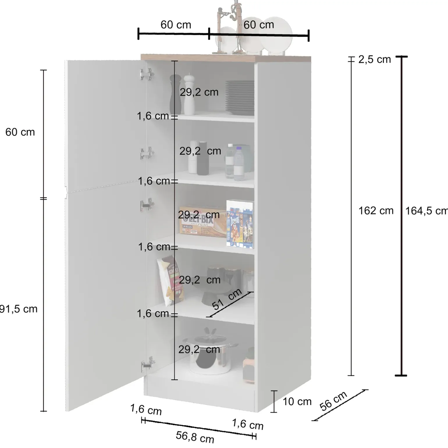 Dispensa cucina 60x165h cm 4 ripiani antracite rovere Gourmet