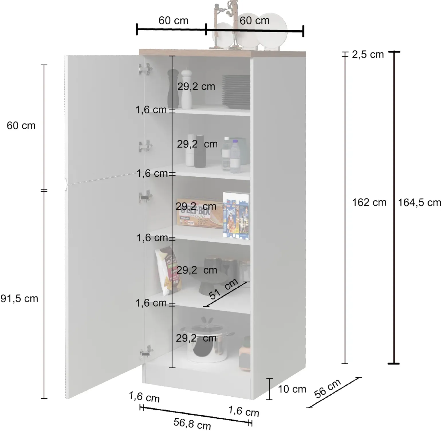 Dispensa cucina 60x165h cm 4 ripiani bianco grigio pietra Gourmet