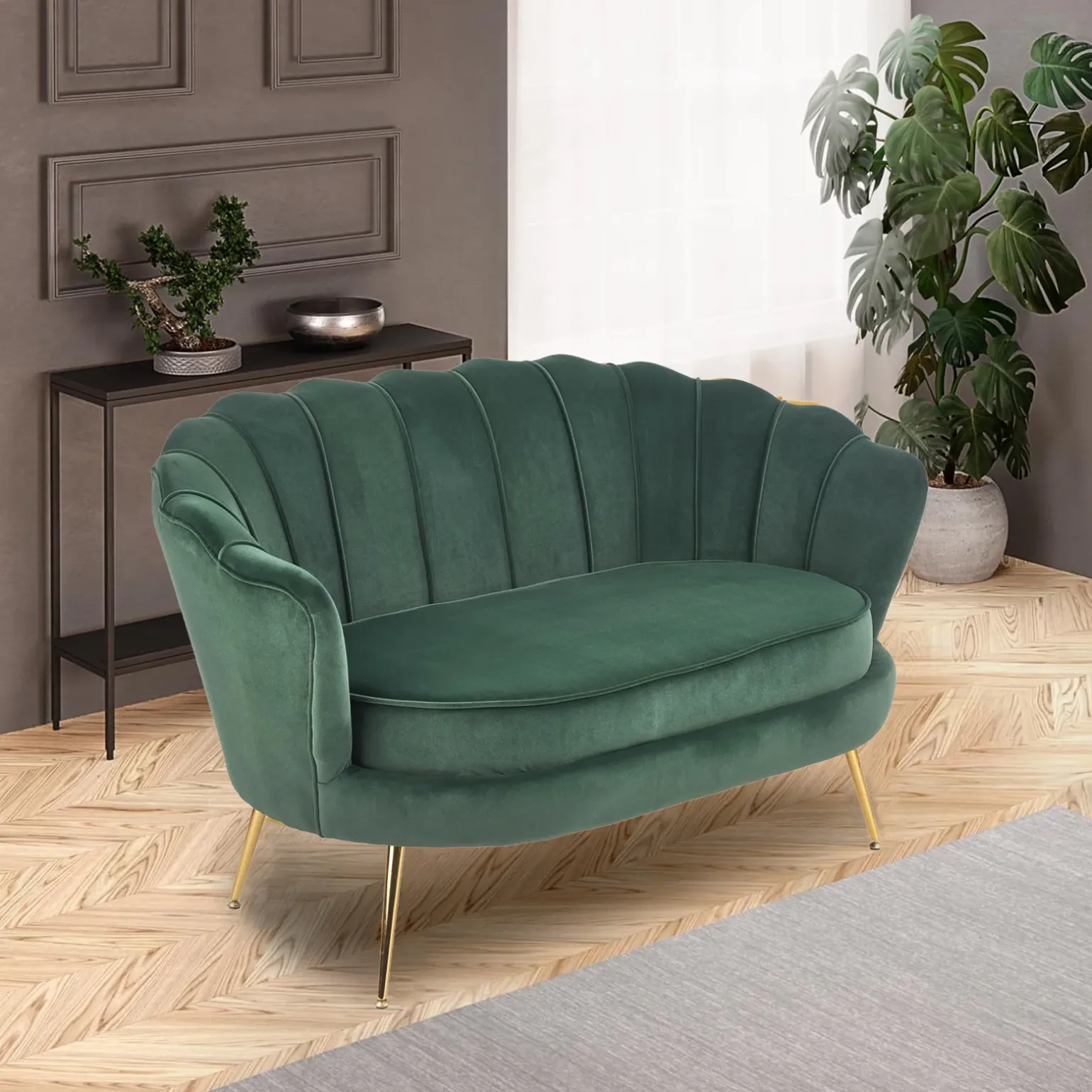 Divanetto 2 posti imbottito 131x77cm in velluto verde gambe oro Gabriella