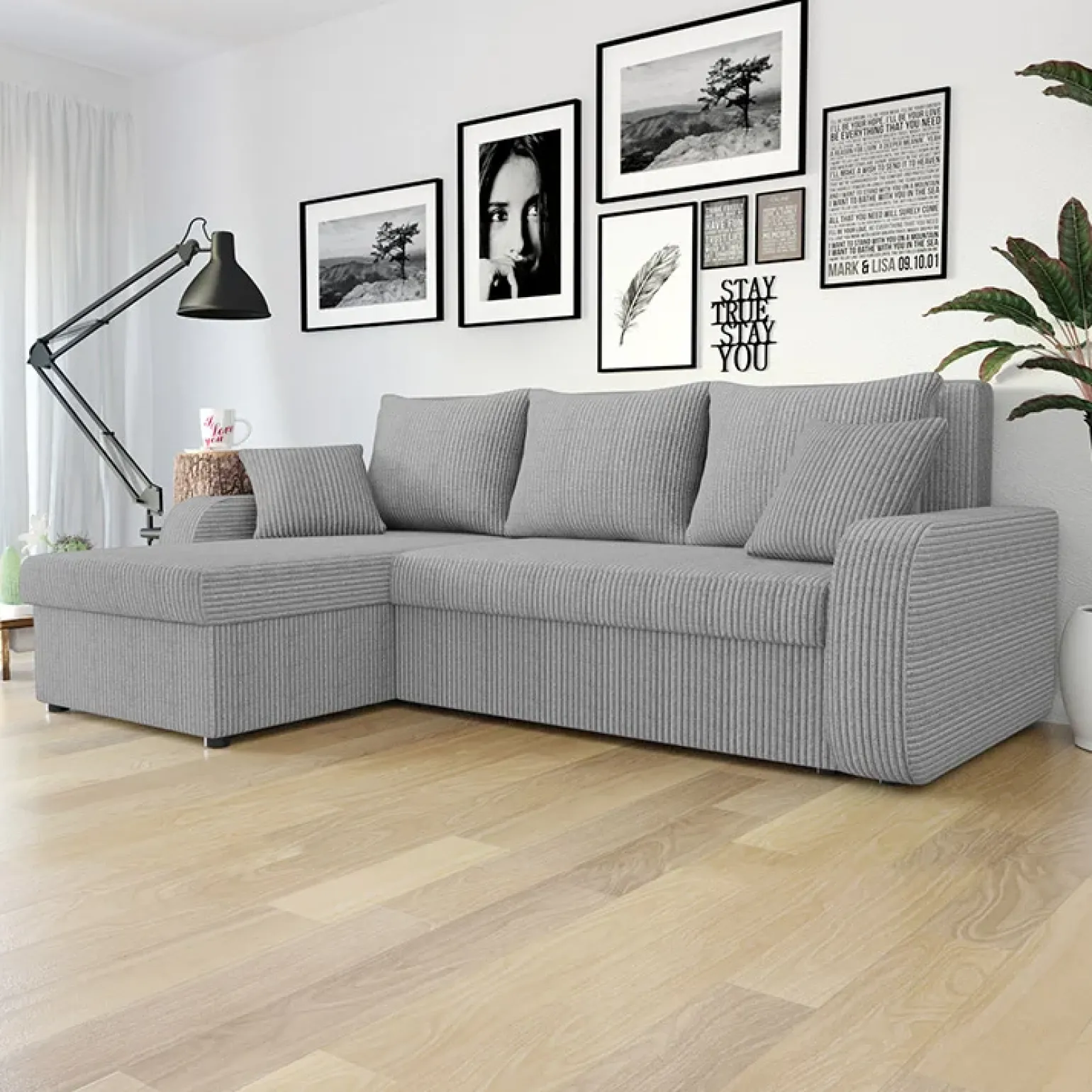 Divano angolare letto 238x147cm 3 posti velluto a coste grigio Flow