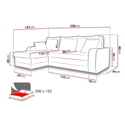 Divano angolare letto 238x147cm 3 posti grigio scuro nero Flow
