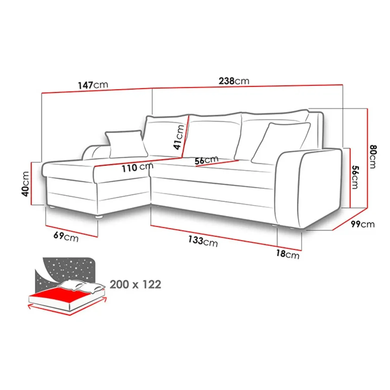 Divano angolare letto 238x147cm 3 posti grigio scuro nero Flow