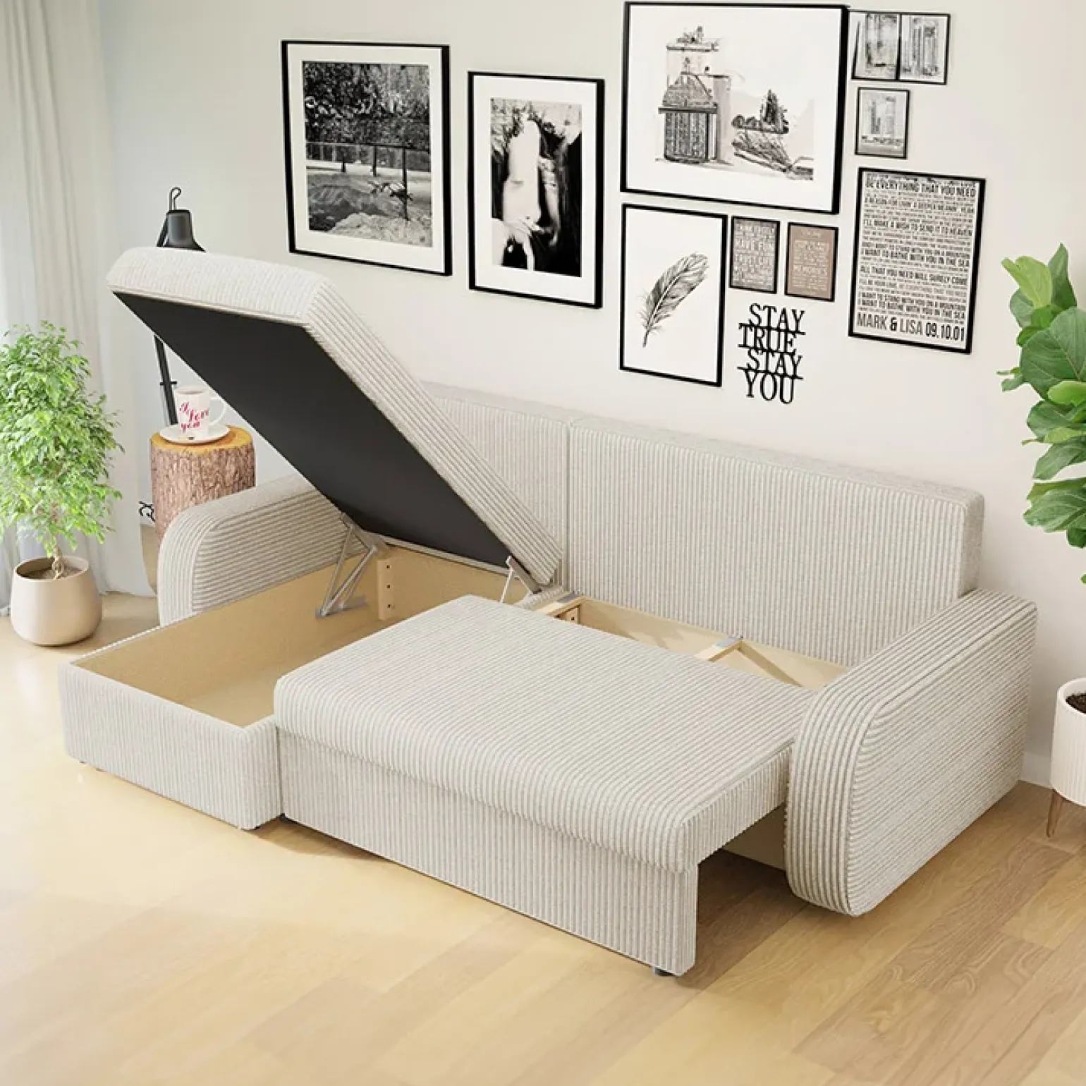 Divano angolare letto 238x147cm 3 posti velluto a coste beige Flow
