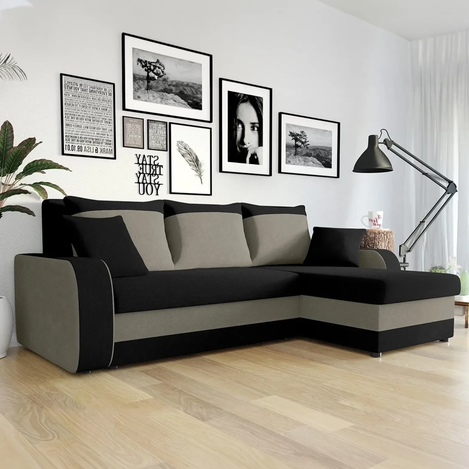 Divano angolare letto 238x147cm 3 posti grigio nero Flow