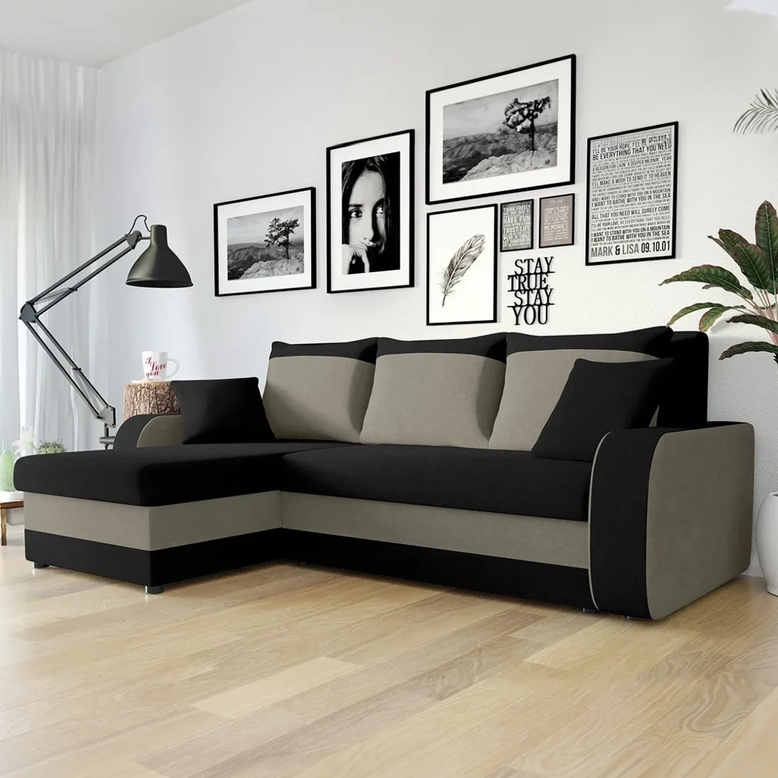Divano angolare letto 238x147cm 3 posti grigio nero Flow