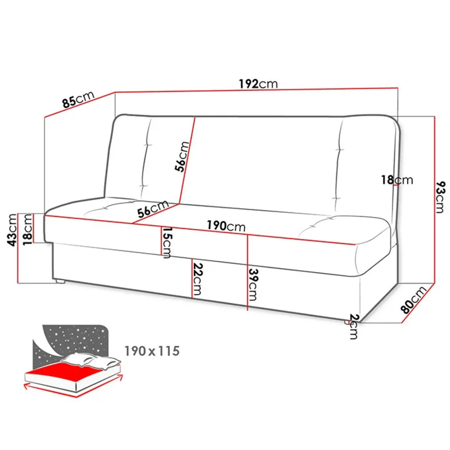 Divano letto 2 posti 192cm matrimoniale senza braccioli grigio nero Joby