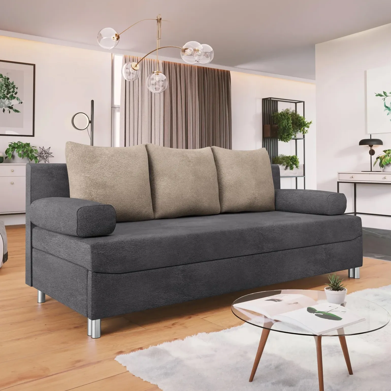 Divano letto 3 posti 192cm pieghevole matrimoniale grigio beige Titus