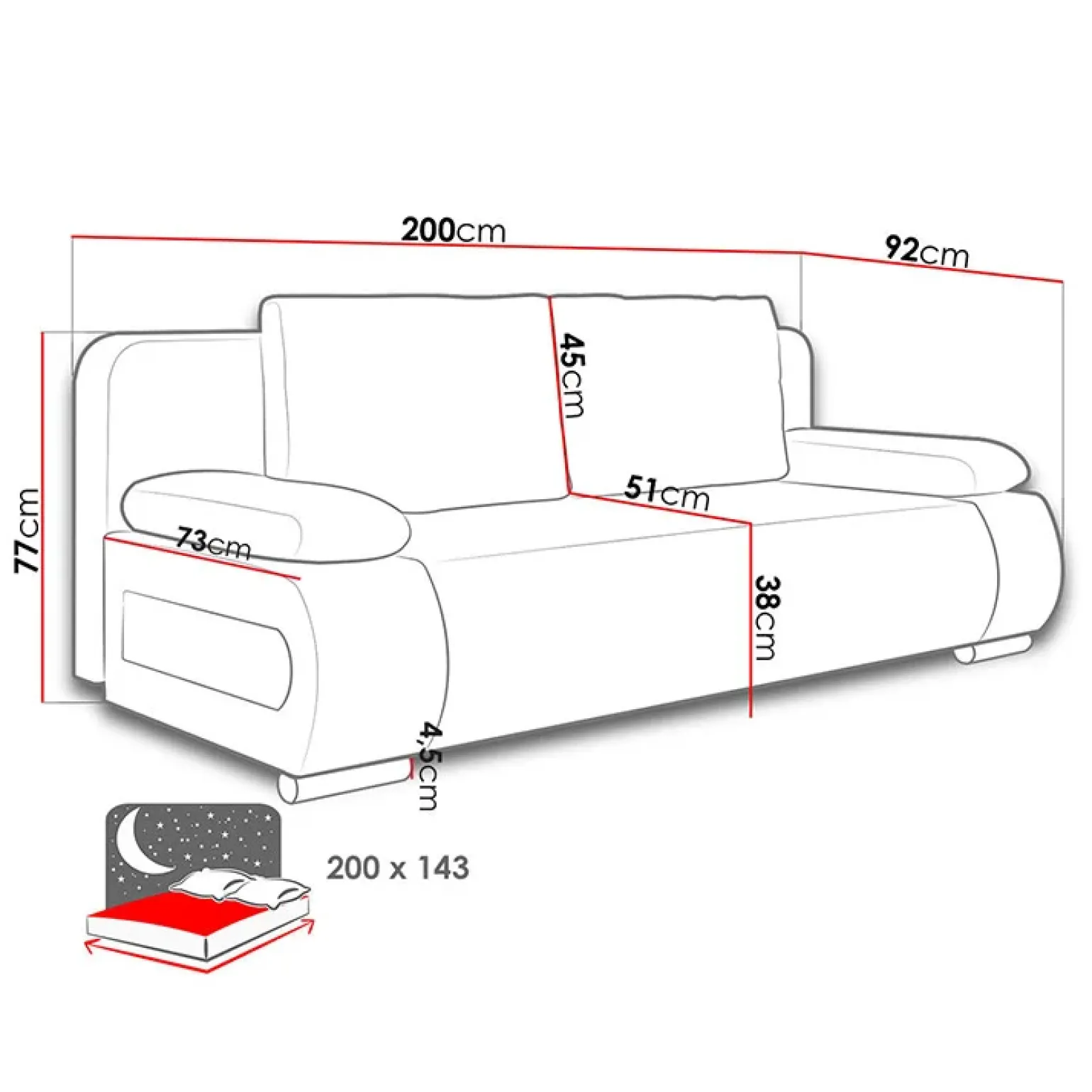 Divano letto 3 posti imbottito 200cm nero grigio scuro Barney
