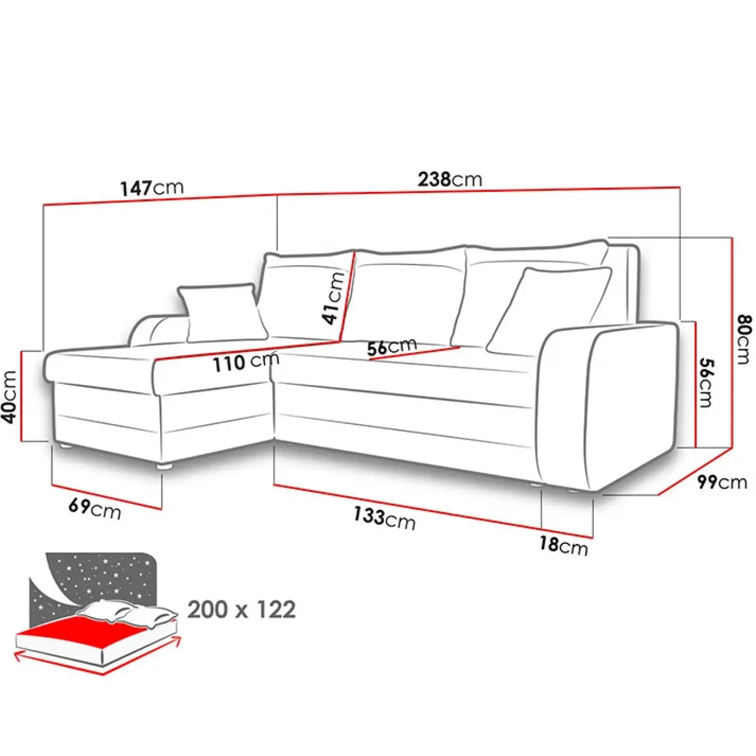 Divano letto 3 posti moderno 238cm nero écru Flow