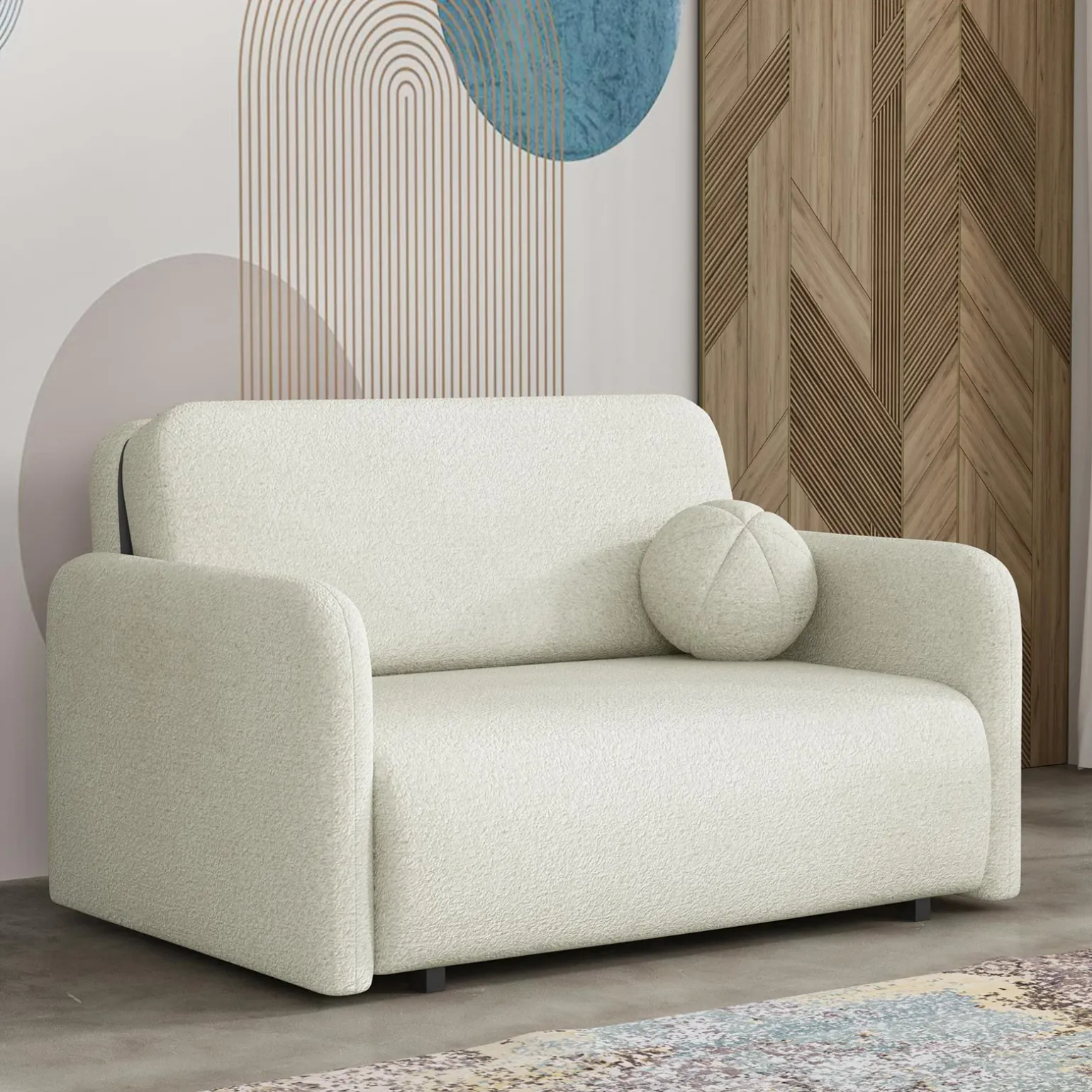 Divano letto 2 posti 130x103 cm con contenitore e cuscino tessuto bouclé beige chiaro Reposa