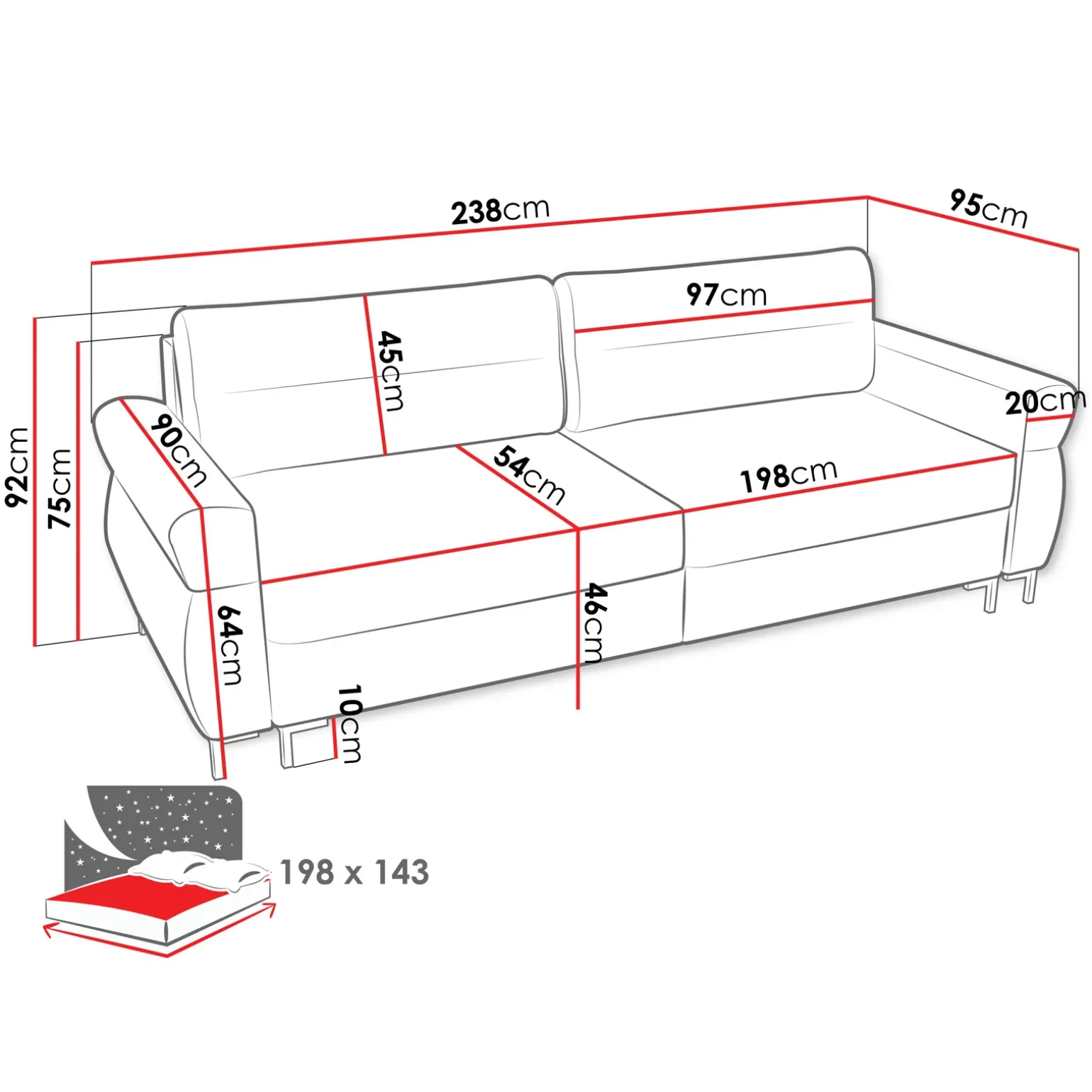 Divano letto 3 posti 238x95 cm con box contenitore imbottito beige chiaro nero Velissa