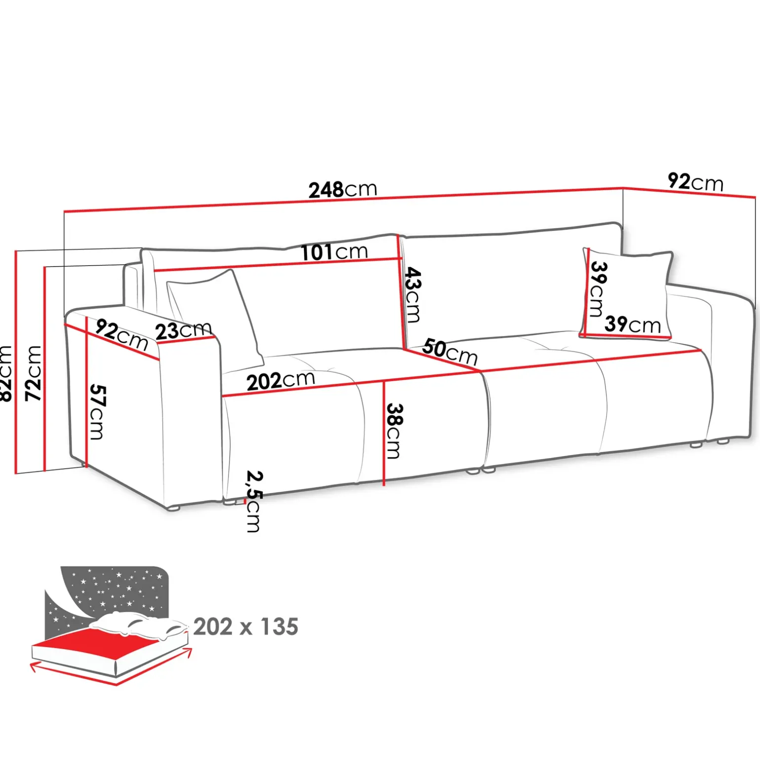 Divano letto 3 posti 248x90cm con contenitore in tessuto velo rosso mattone Floty